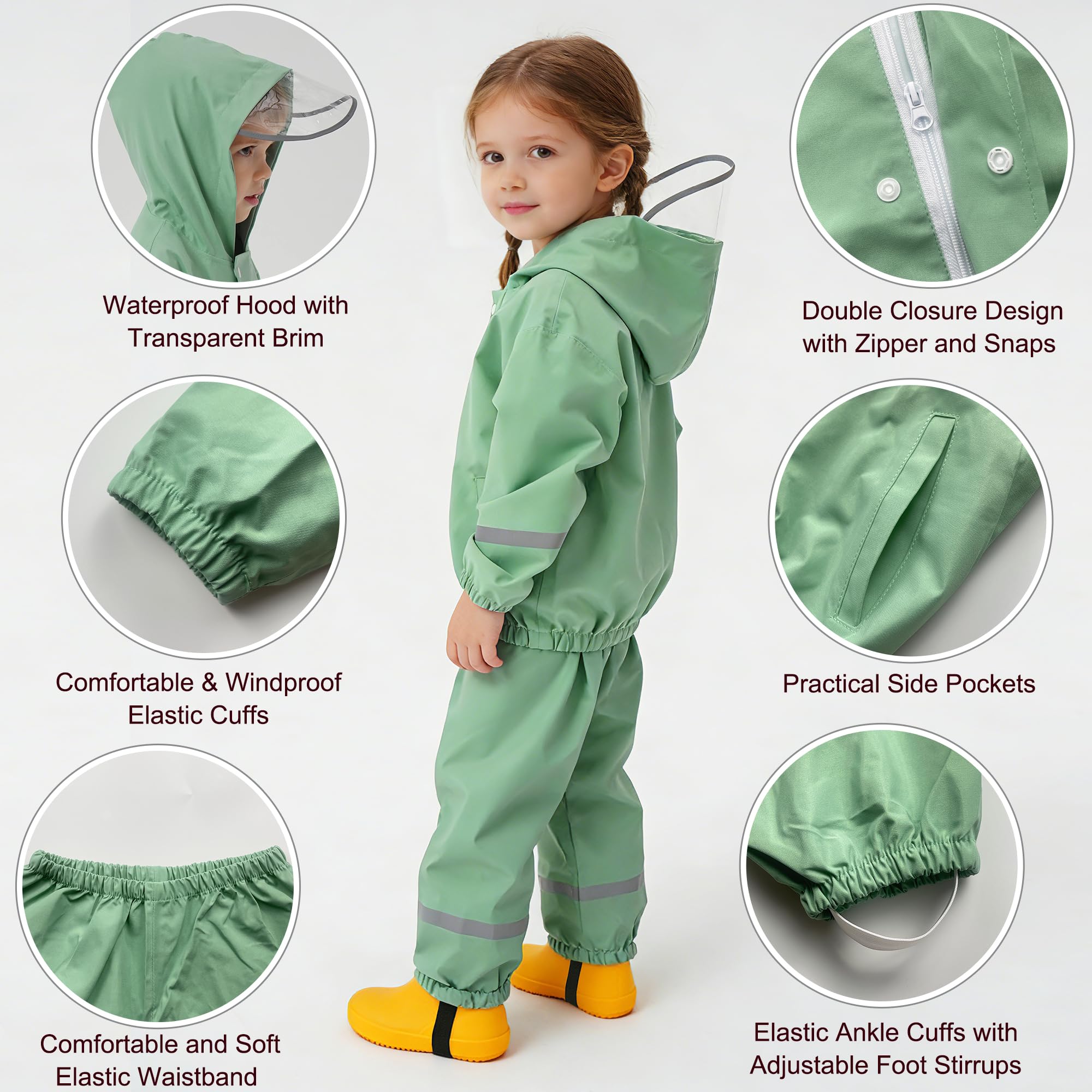 Fewlby Regenanzug Kinder Matschanzug, Mädchen Jungen Regenjacke und Regenhose Regen-Anzug 2PCS Set, Wind- und wasserdichte Zweiteiliger Regenbekleidung