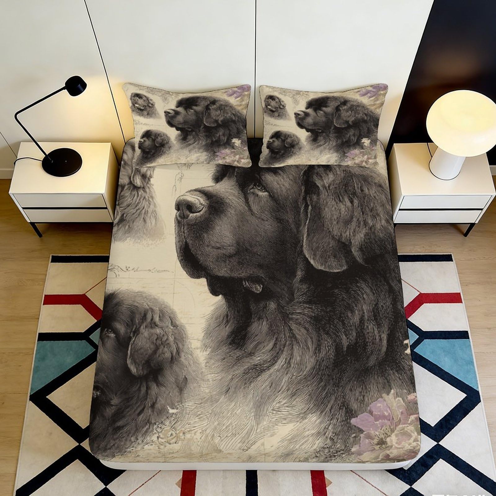 3D Printed Black Newfoundland Dog Fitted Sheet Microfiber Soft Bed Cover for Bedroom Mattress Protection Decor 90x200x25cm