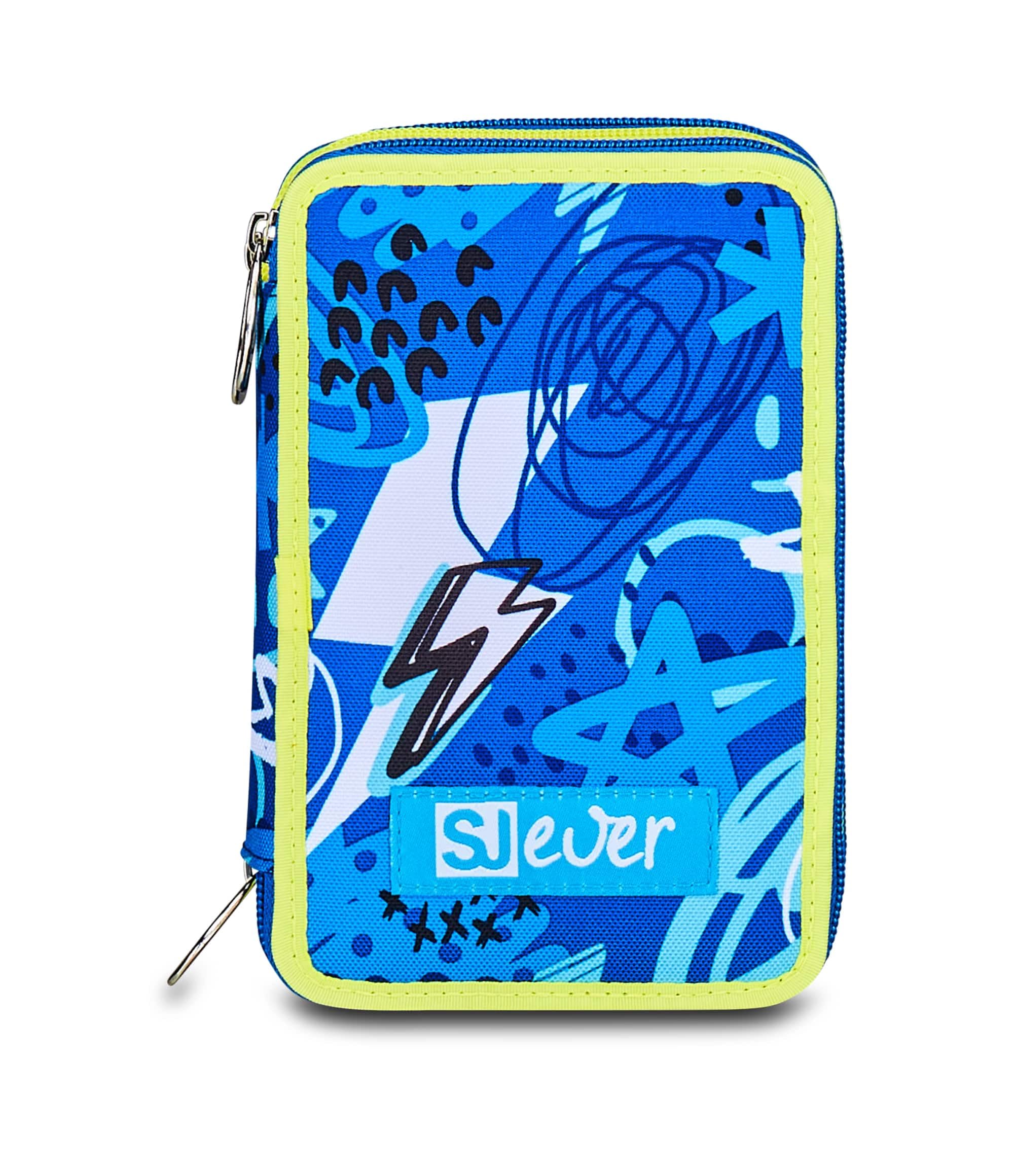 SJ GANG STYLE JAM GANG Astuccio Scuola 3 Zip Sj Ever, Blu, Portapenne Triplo Scomparto Completo Di Penne, Matite, Colori, Accessori Zaino, Scuola Elementare, Bambino