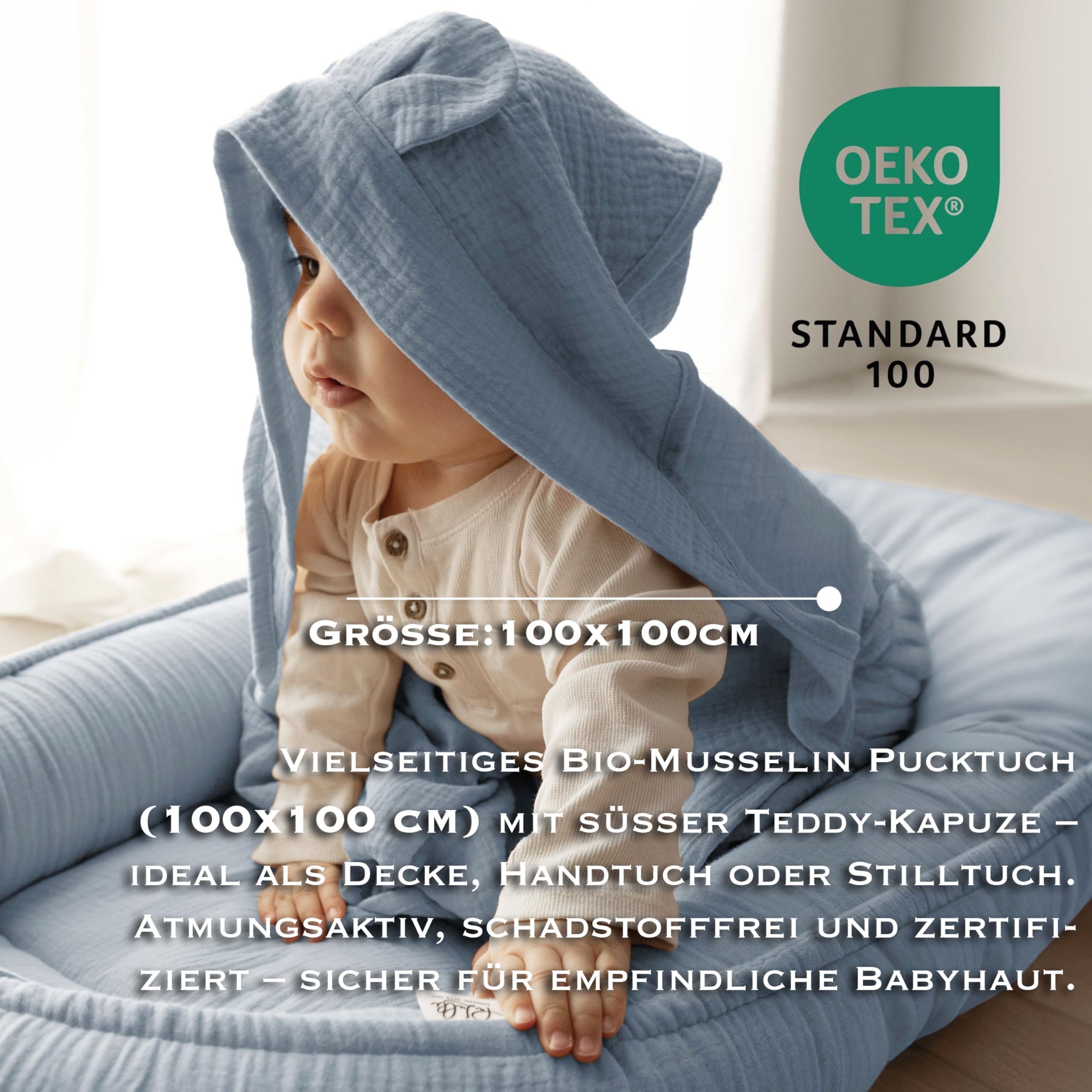 PaLulli® 2-stronne muślinowe gniazdo niemowlęce z chustką, oddychający muślin – ręcznik z kapturem i wszytymi uszami, 100% muślinu Oeko Tex, przytulne gniazdo do łóżeczka dziecięcego – dla niemowląt i