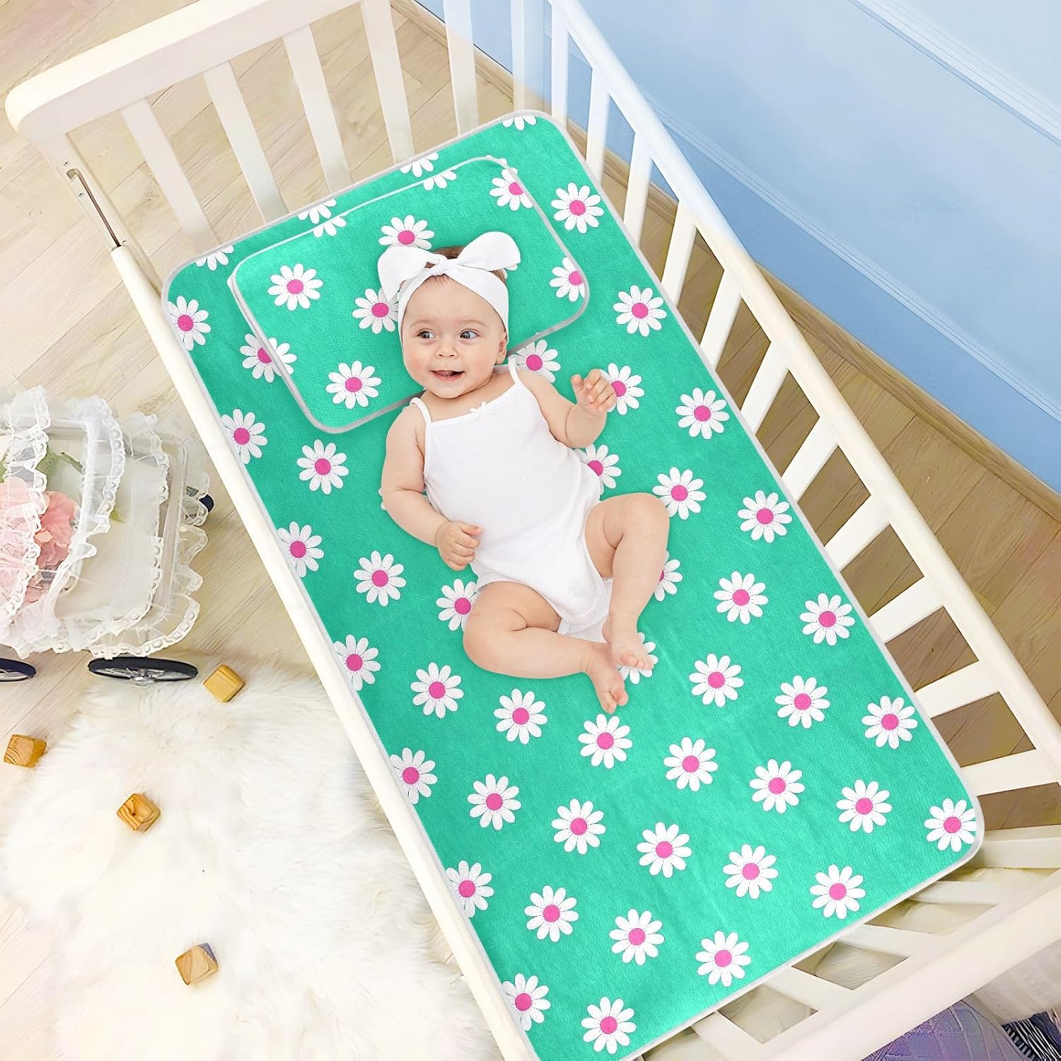 Cooling Baby Toddler Bed Mattress 28" x 52" Reusable Daisy Flower Cyan White Mattress Pads for Baby&Toddler