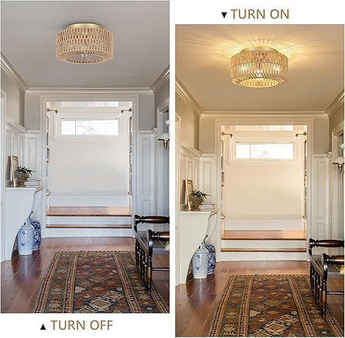 Miniatura 3 de PAUFUL Lámpara bohemia para techo, lámpara de techo de ratán de 3 luces, lámpara de techo empotrada con pantalla tejida a mano, lámpara moderna para