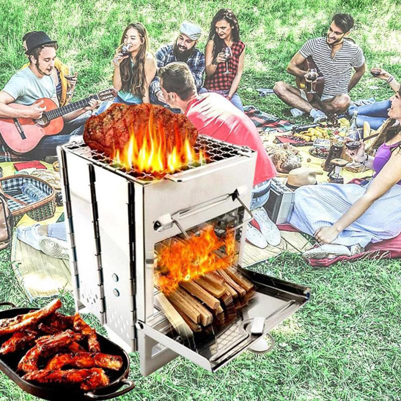 Grill, przenośny grill, składany grill na węgiel drzewny, grill, wędzarnia, mały grill ze stali nierdzewnej, na kemping, do ogrodu, na piknik, plażę, 21 x 15 x 15 cm
