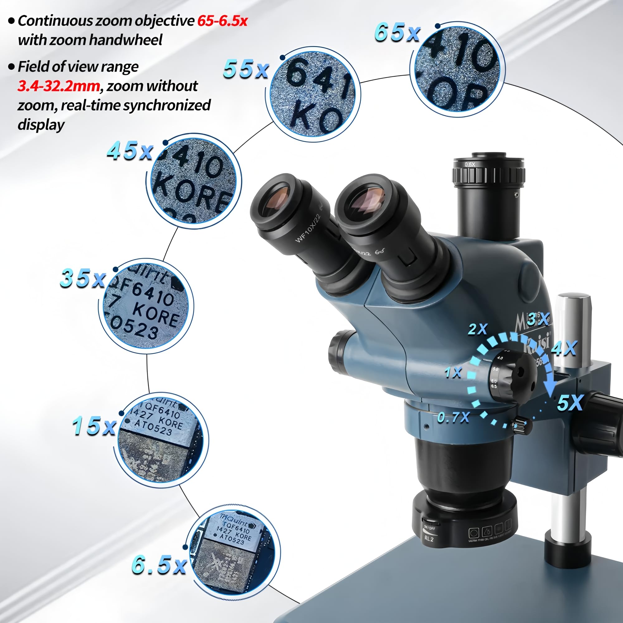Kaisi 36565A - Microscopio trinoculare con zoom 6,5-65, 4K HD, grande base, riparazione telefono, PCB SMD BGA strumenti per saldatura (36565A-0.5ctv-RL2)