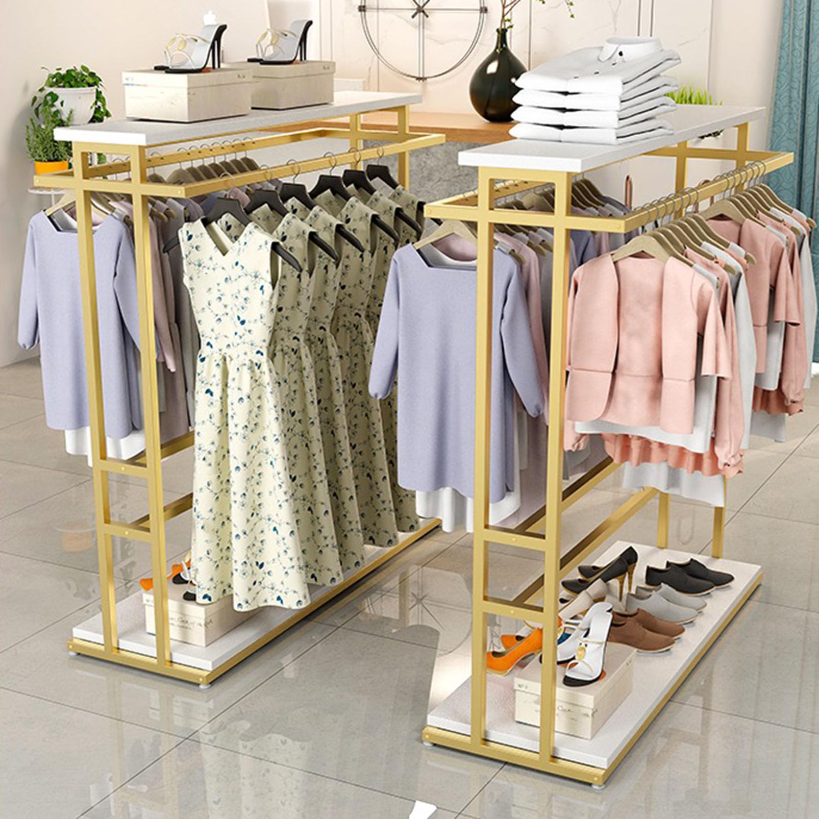 Doppelstab-Kleiderbügel, bodenstehend, moderner Metall-Kleiderständer für Einzelhandel, Aufbewahrung für Kleidung, Schuhe und Taschen, vielseitige Kleidungsregale