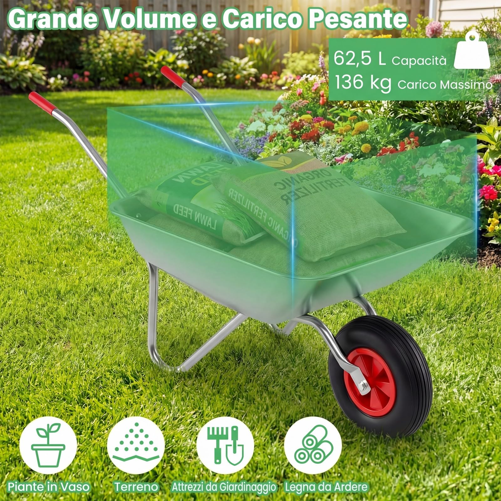 GYMAX Carriola da Giardino a Mano, Carrello Utilitario con Pneumatico in Gomma Grande, Telaio Metallico Zincato, Capacità 136 kg, 62,5 L, Carrello Giardinaggio per Cortile, Fattoria, Prato