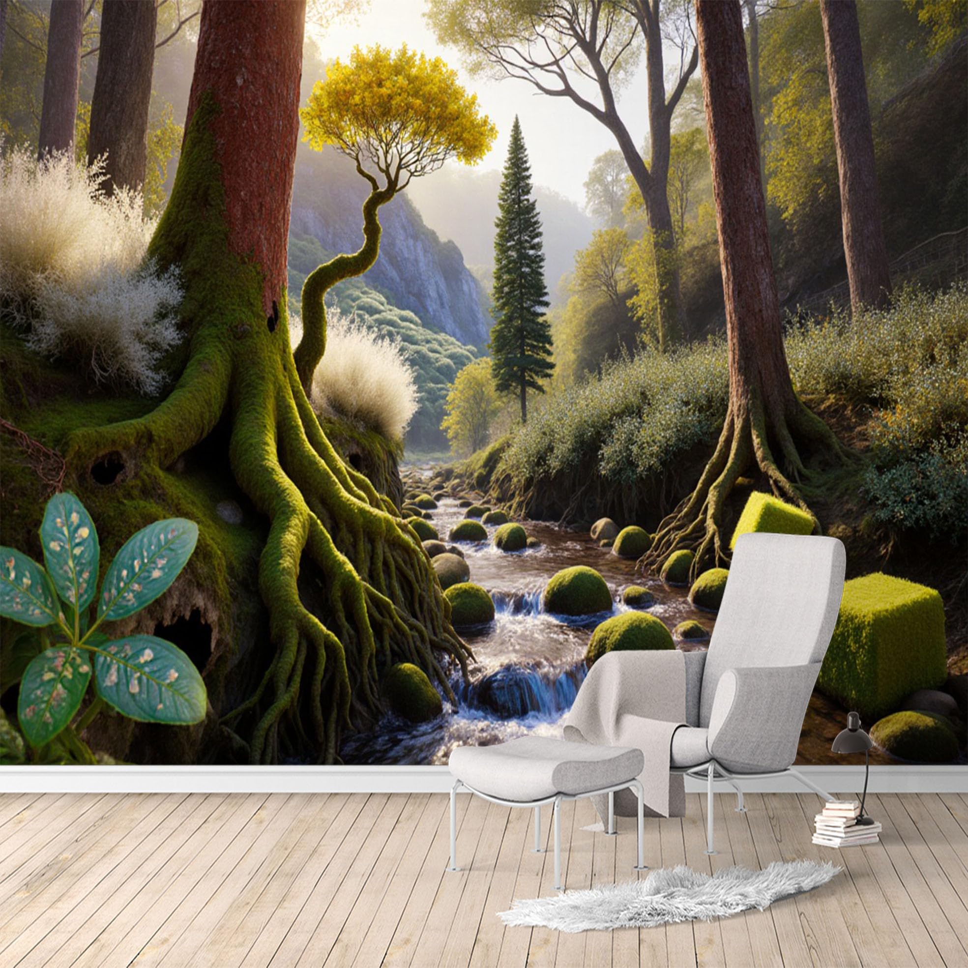 Custom Size Wall Murals, Enchanted Forest Stream & Mossy Roots Waterfall, SelfAdhesive Water Activated Removable Wall Covering, Large Photo Wallpaper for Living Room Bedroom Office