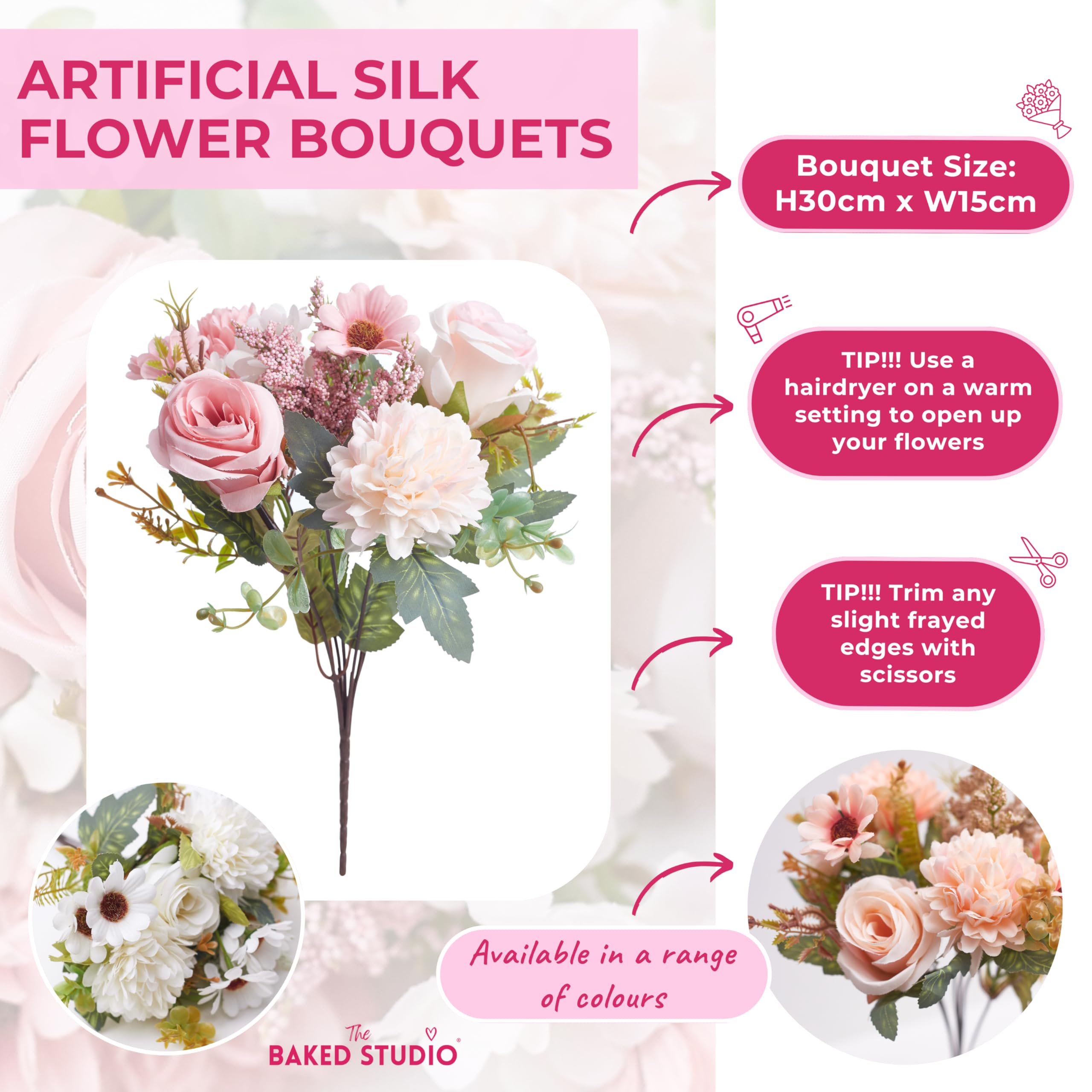 Silk Artificial Flower Bouquet (Rose, Dandelion, Daisy & Foilage), Realistic Fake Plant for Cake Decoration Home Décor - Image 4