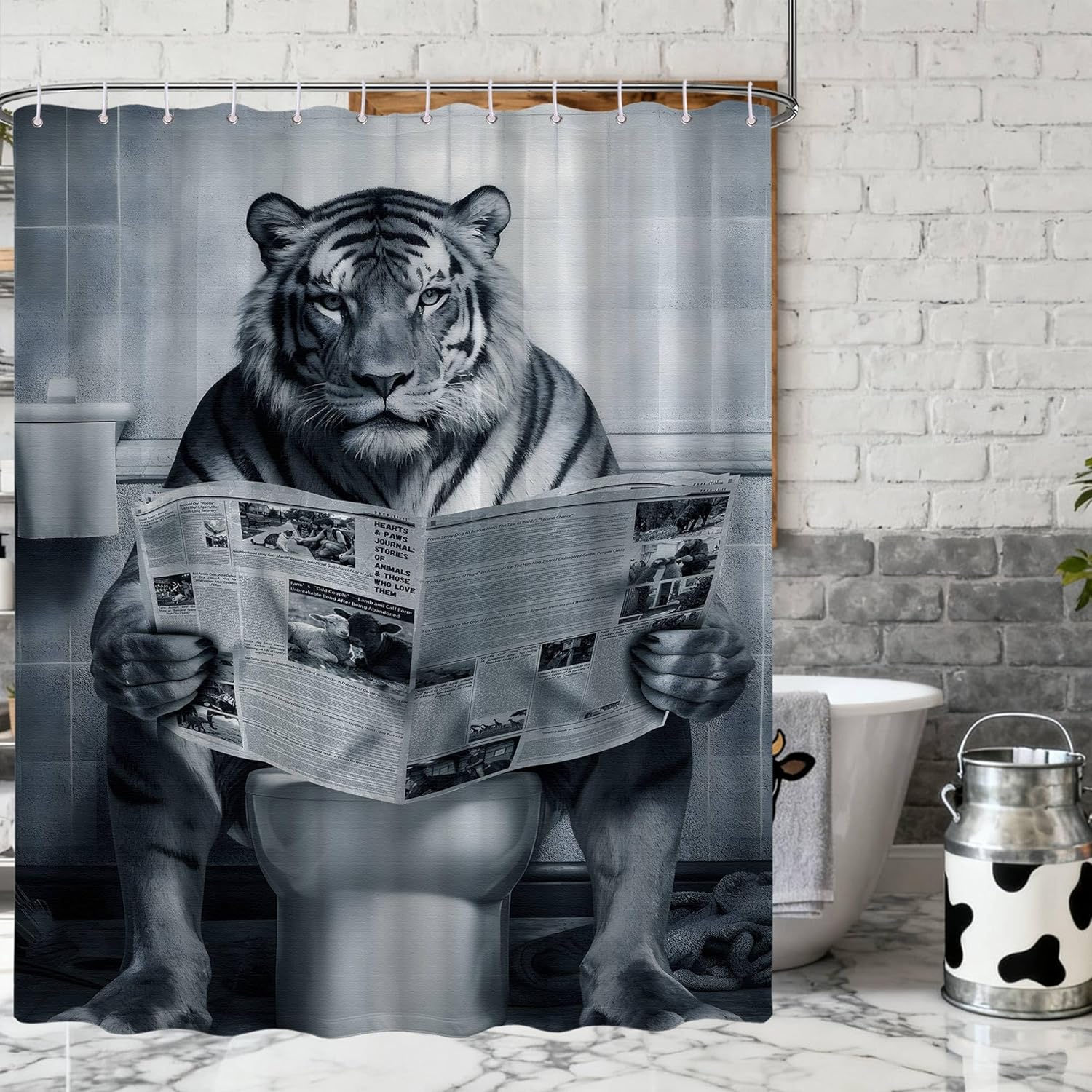 Funny Tiger Shower Curtain Black and Grey Cool Teen Shower Curtain for Mens Bathroom Decor Sets, Waterproof Cloth Fabric with Hooks, 70x72 Inch