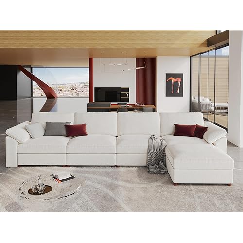 EASE MOOSE Extra Large Modular Sectional Sofa, Modern Oversized L Shape Sectional Couch,Comfty Deep Seat Chenille Modular Sofa with Ottoman,White