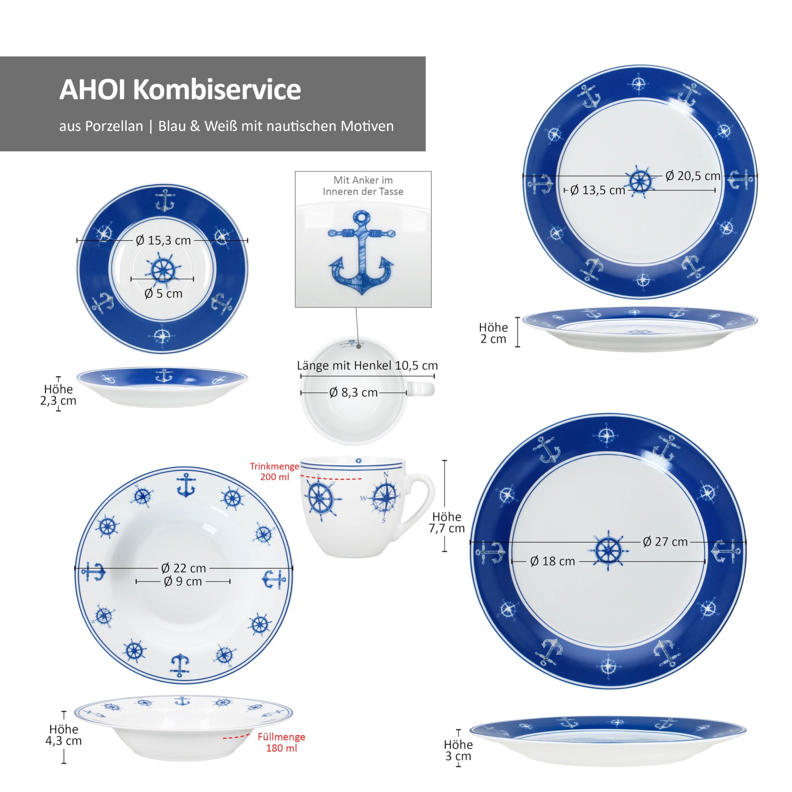 MamboCat Ahoi 30tlg Kombiservice I blau weißes Porzellan Geschirrset mit nautischem Dekor für 6 Personen I Je 6x Tassen, Untertassen, Kuchenteller, Suppenteller & Speiseteller