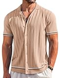 Men's Short Sleeve Knit Shirt Casual Button Down Shirt Vintage Striped Knitted Golf Beach Tops