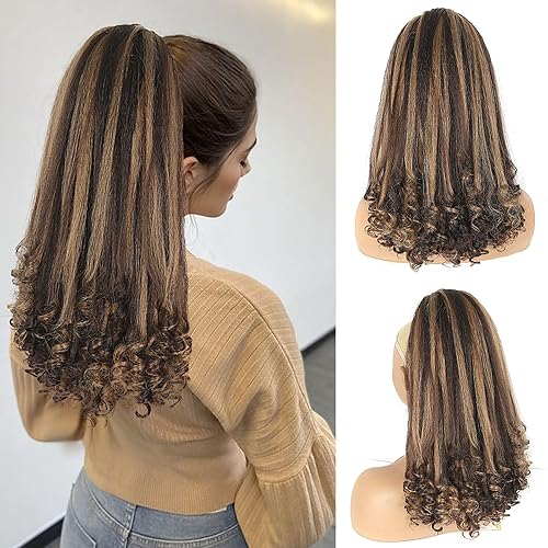 Jolelyne Extensiones de cabello Yaki lacio con extremo rizado con cordón para mujeres negras extensiones de cabello sintético corto Yaki con clip