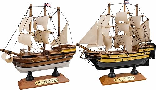 Miniatura 5 de SAILINGSTORY - Modelo de madera para velero, modelo de velero, decoración Mayflower, Victory 9.5 pulgadas, juego de 2 unidades