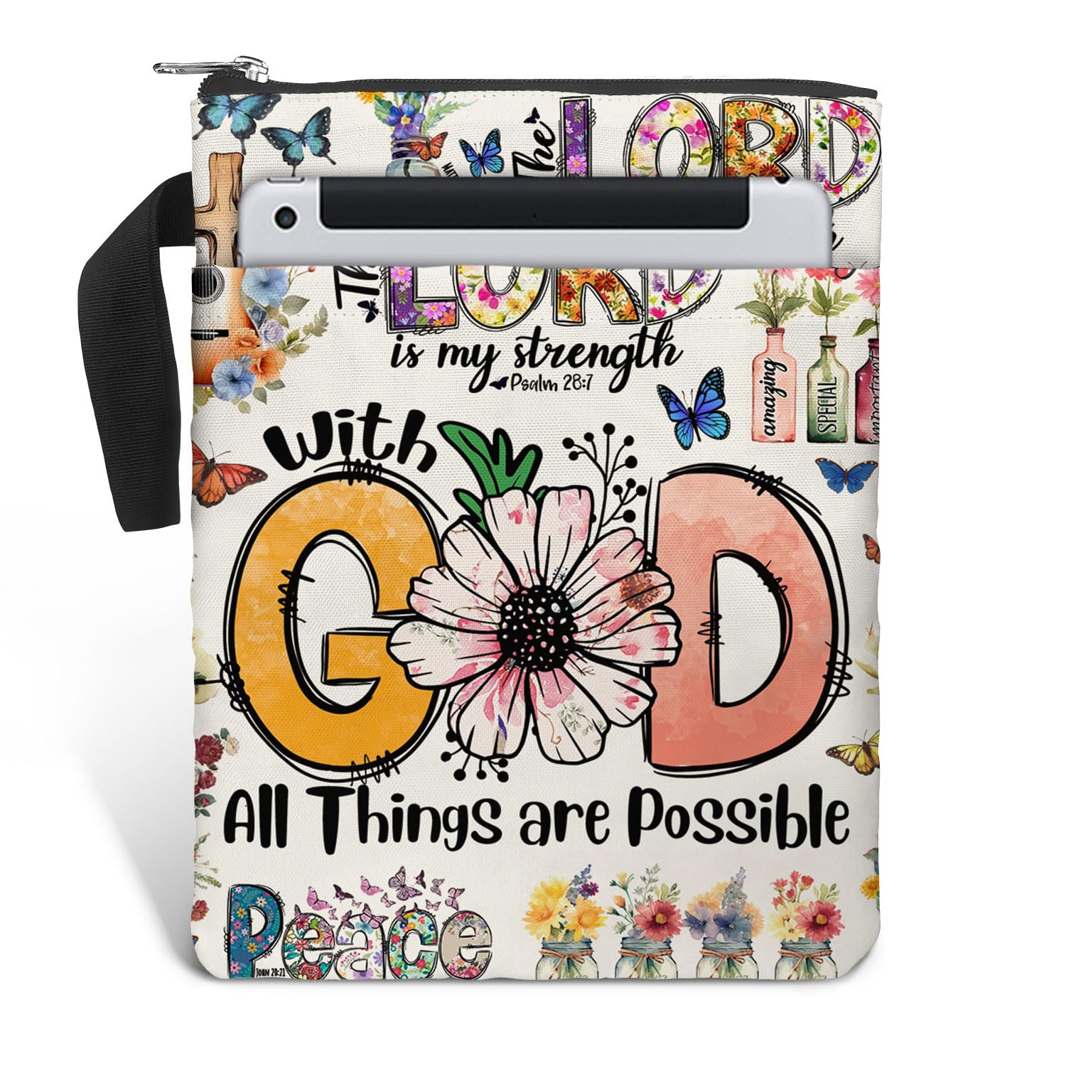 84hoods Book Cover Bag with Zipper and Front Pocket. Bible Book Sleeve. Christian Faith God Religious Gift. Washable Fabric 11 X 8.5 Inch. All Things