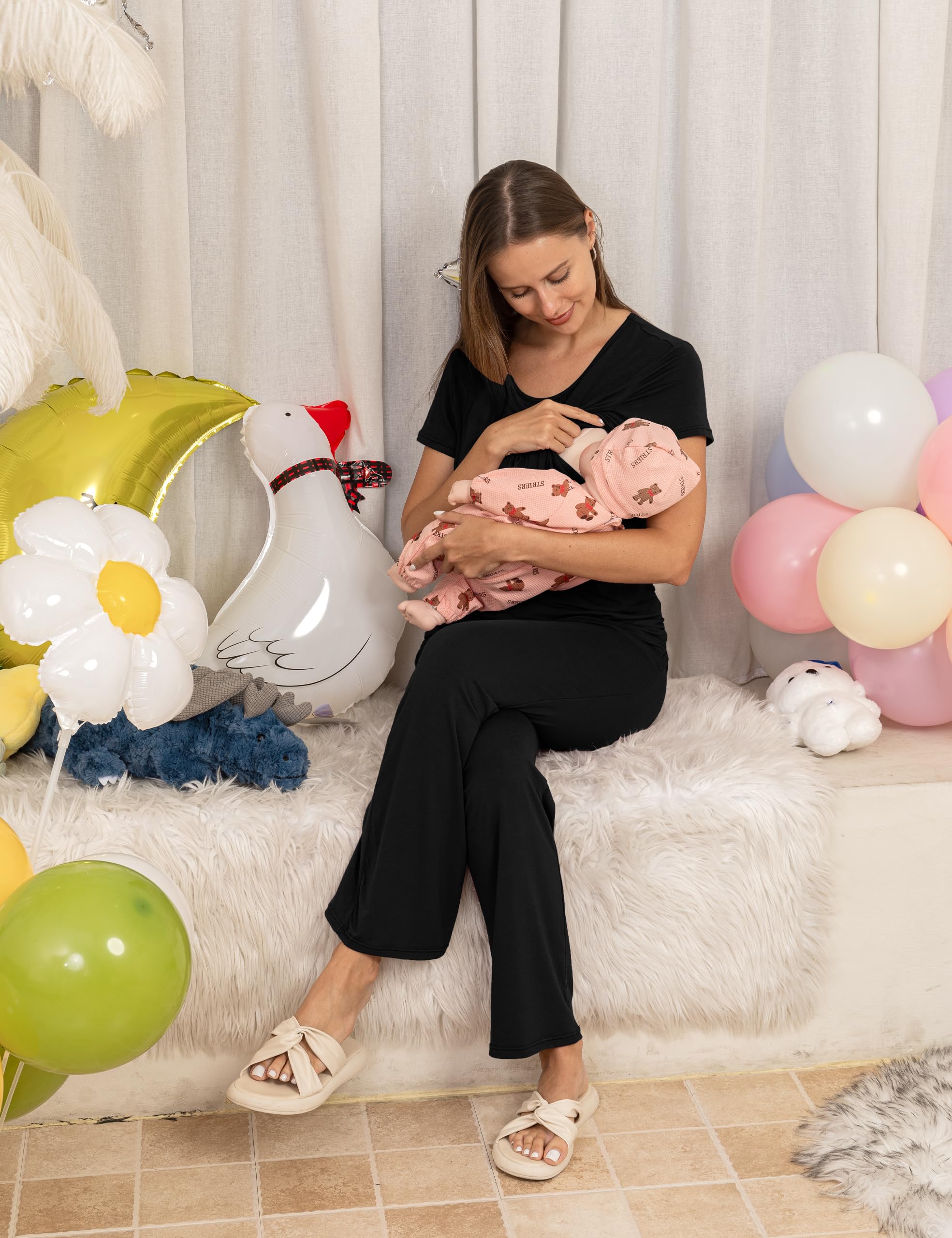 SUNNYBUY Damen Stillnachthemd, Kleid und kurzärmeliges Still-Top und Schwangerschaftshose, 3-teiliges Set