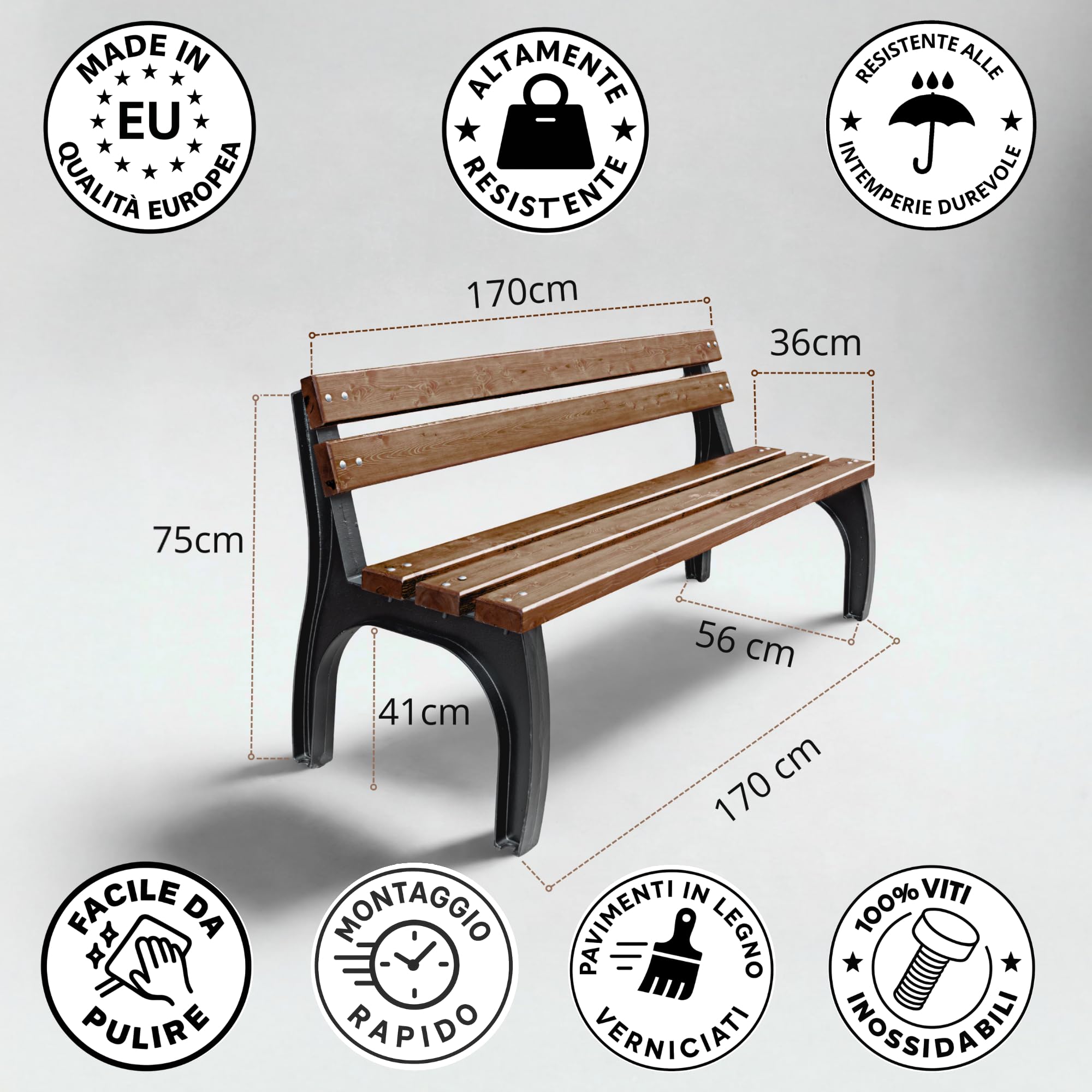 REKORD Panchina da Giardino 170 x 56 x 75 cm Panchina da Esterno in Legno e Metallo con Schienale Resistente alle Intemperie Panchina per Giardino Terrazzo Balcone o Parco – SPLIT – Palissandro
