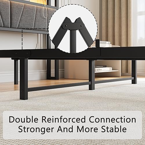 Miniatura 7 de BOFENG Base de cama Queen con cabecera de almacenamiento tapizada y estación de carga, luces LED, plataforma de metal resistente, marco de cama