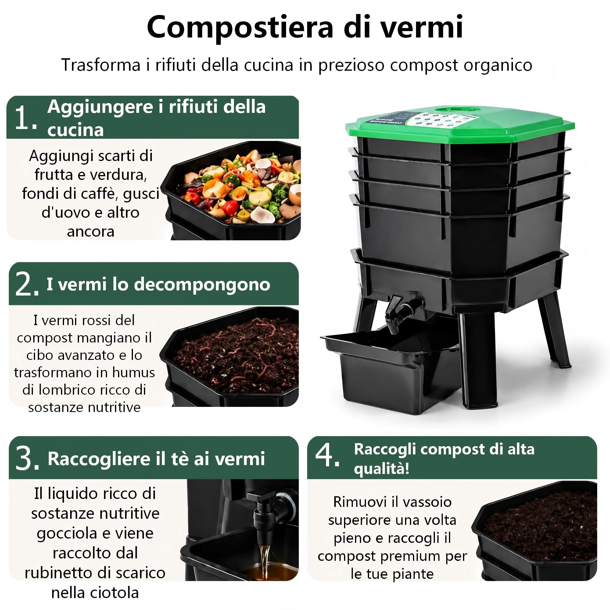 60L Vermicompostiera 5 Livelli Torre Lombrichi Letto Rialzato Kit Compost