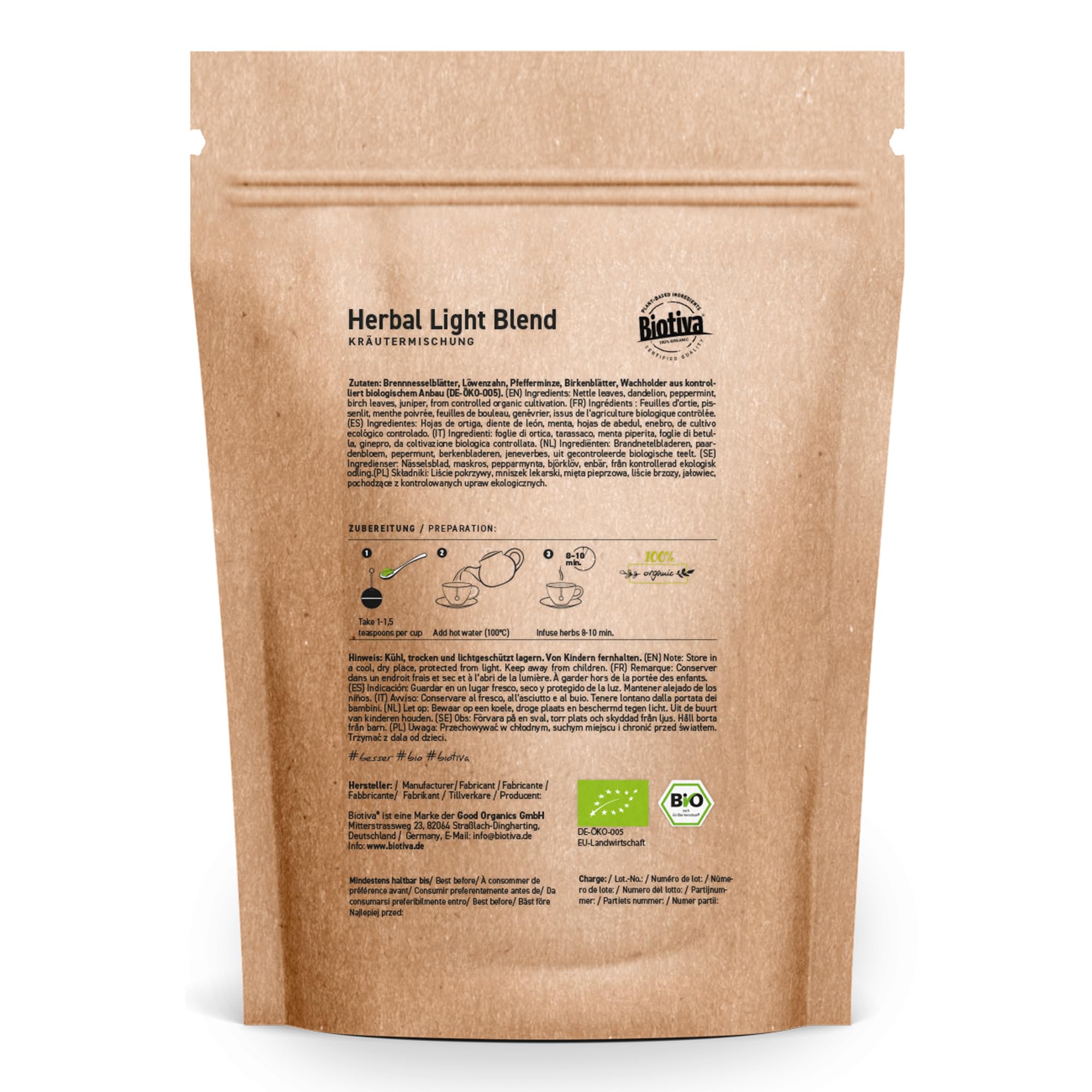 Herbal Light Blend Bio 500g (5x100g) - Brennnesselblätter Löwenzahn Birkenblätter Wachholder Pfefferminze - traditionelle Rezeptur - Herstellung und Kontrolle in Deutschland - Biotiva