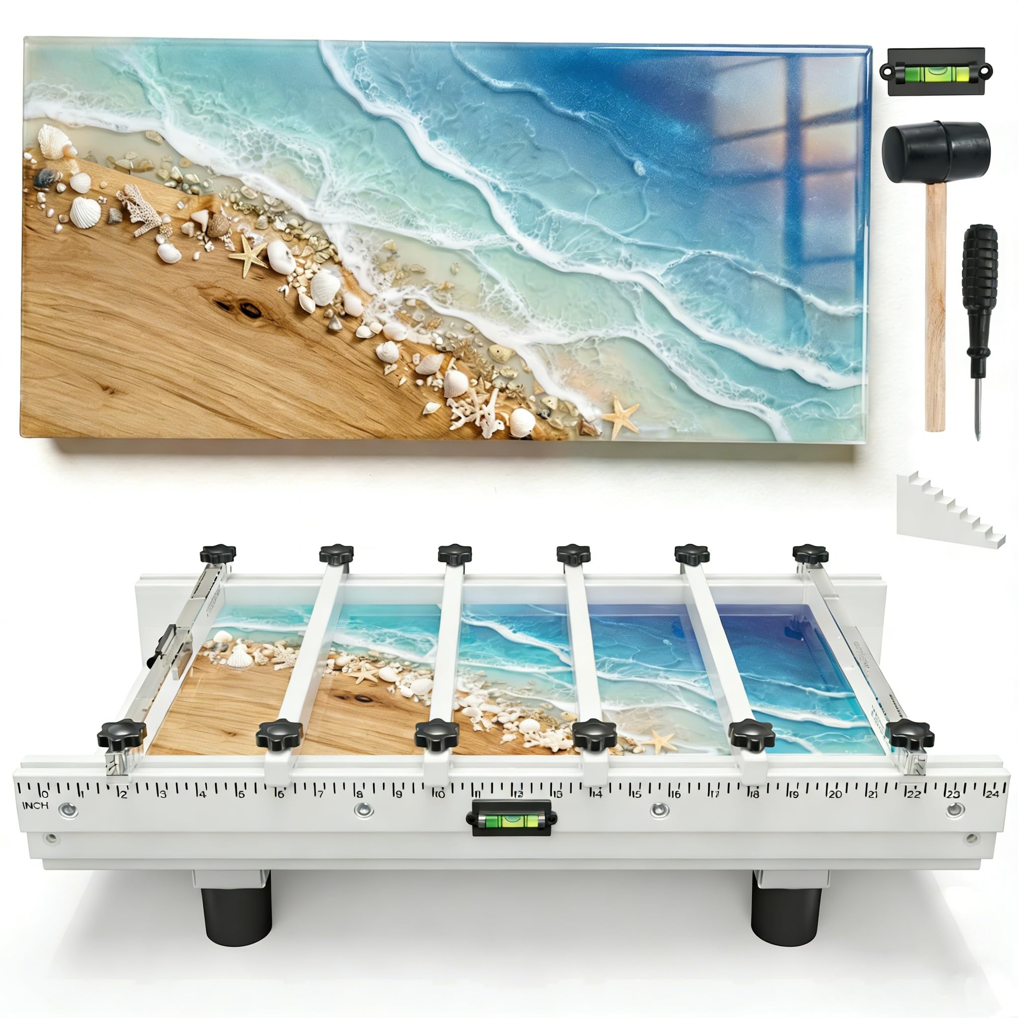 Resiners - Molde de resina epoxi para mesa de río con divisor ajustable, 24 x 12 x 3 pulgadas con nivel de burbuja, sistema de abrazadera de llenado y tabla de profundidad transparente ideal