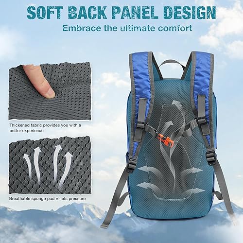 Miniatura 2 de G4Free Mochila de senderismo plegable de 20 L, ligera, plegable, con panel trasero grueso para hombres y mujeres, Azul, Diseño de panel trasero