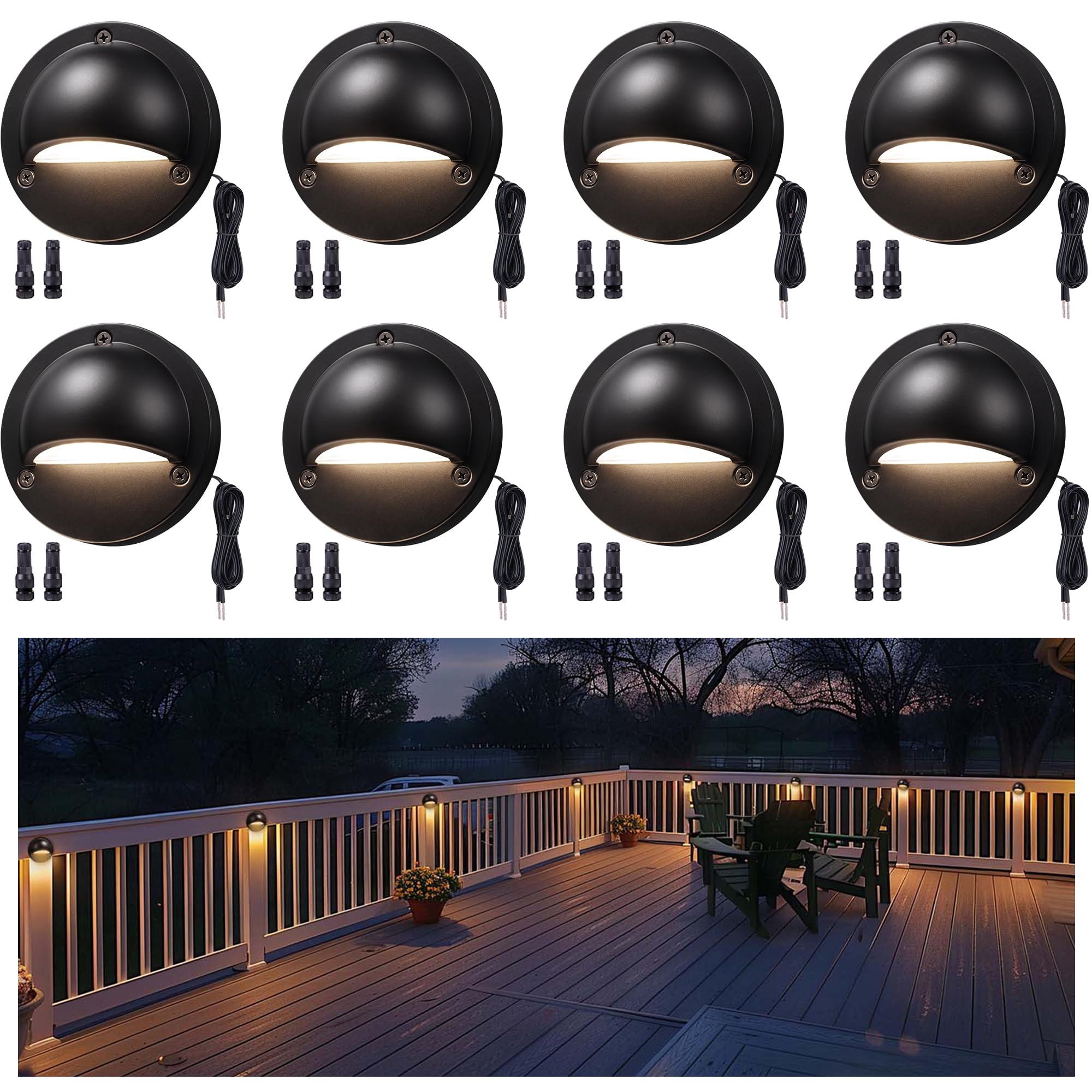 LED Deck Lights - Outdoor Landscape 12V Waterproof Lighting, Low Voltage Step Lights, Warm White &amp; Cool White Adjustable, Wired Die-Cast Aluminum for Wall Handrail Yard 8 Pack