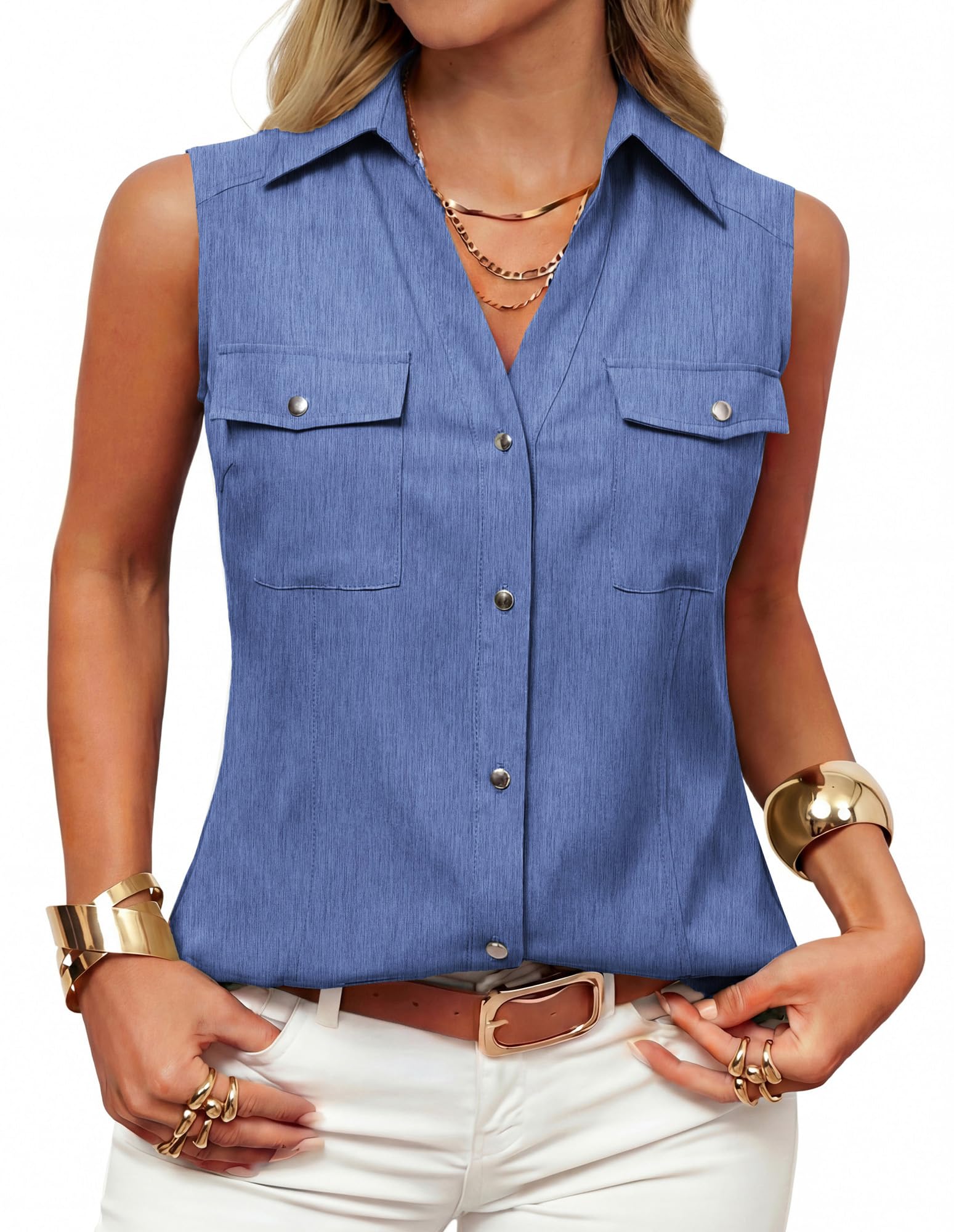 GRACE KARIN Camicia da donna senza maniche con bottoni e collo a V, casual, estiva, da ufficio, da lavoro