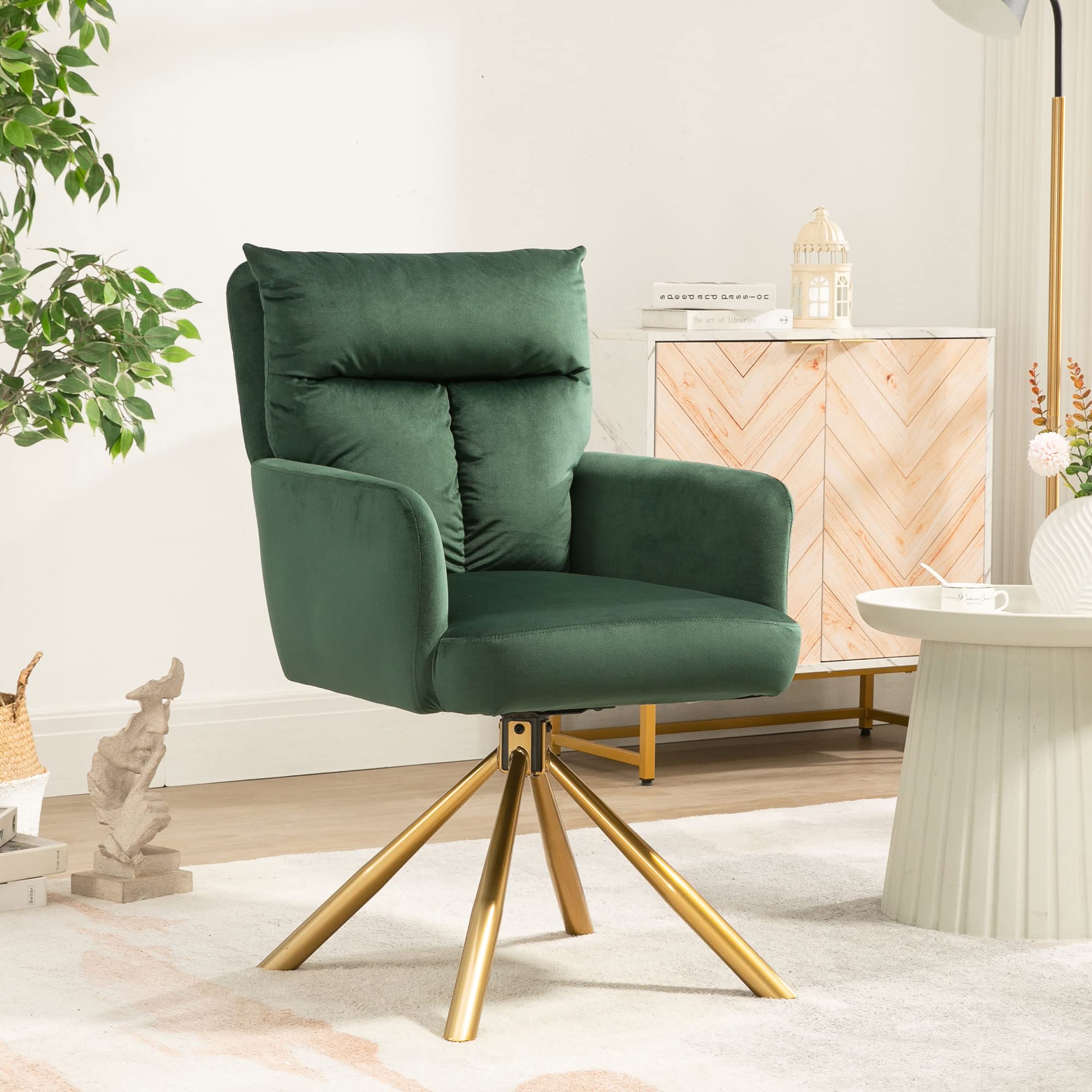 NORDICANA 180° Swivel Velvet Living Room Chair Modern Armchair with Golden Legs Ergonomic Upholstered Dining Accent Chair Single Sofa for Bedroom Reading Home Office, Christmas Green