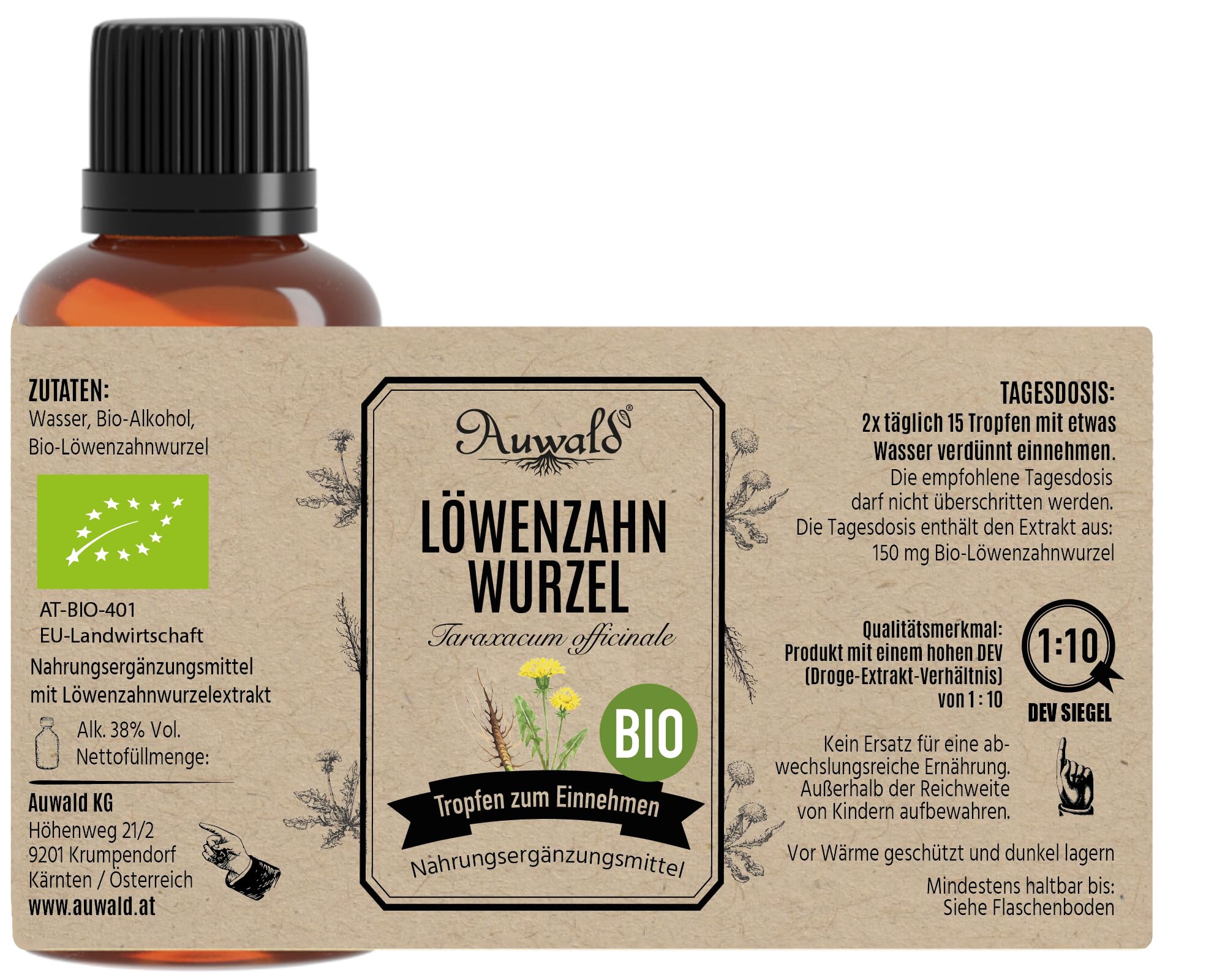 NEU! Auwald Löwenzahnwurzel Tropfen BIO – Hochwertiger Auszug, Extrakt, Essenz & Tinktur – 100% BIO Landwirtschaft, Frei von künstlichen Zusätzen und Farbstoffen, Hergestellt in Österreich – 100ml