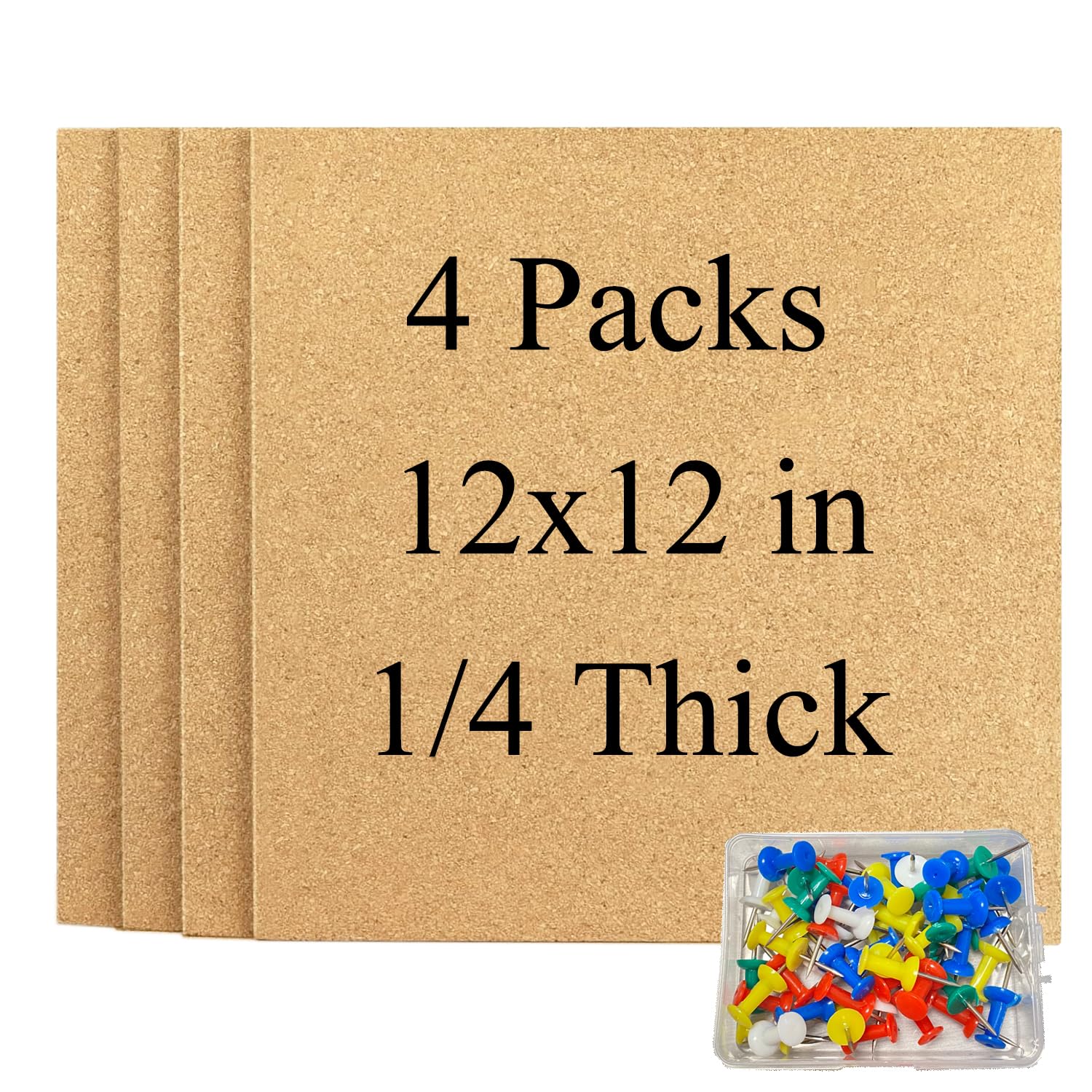 Cork Square Board for Walls, 4 Packs 12"x12" 1/4" Thick Cork Bulletin Board Self Adhesive Corks Board Tiles with 50 Pushpins for Home Office Kitchen School (4)