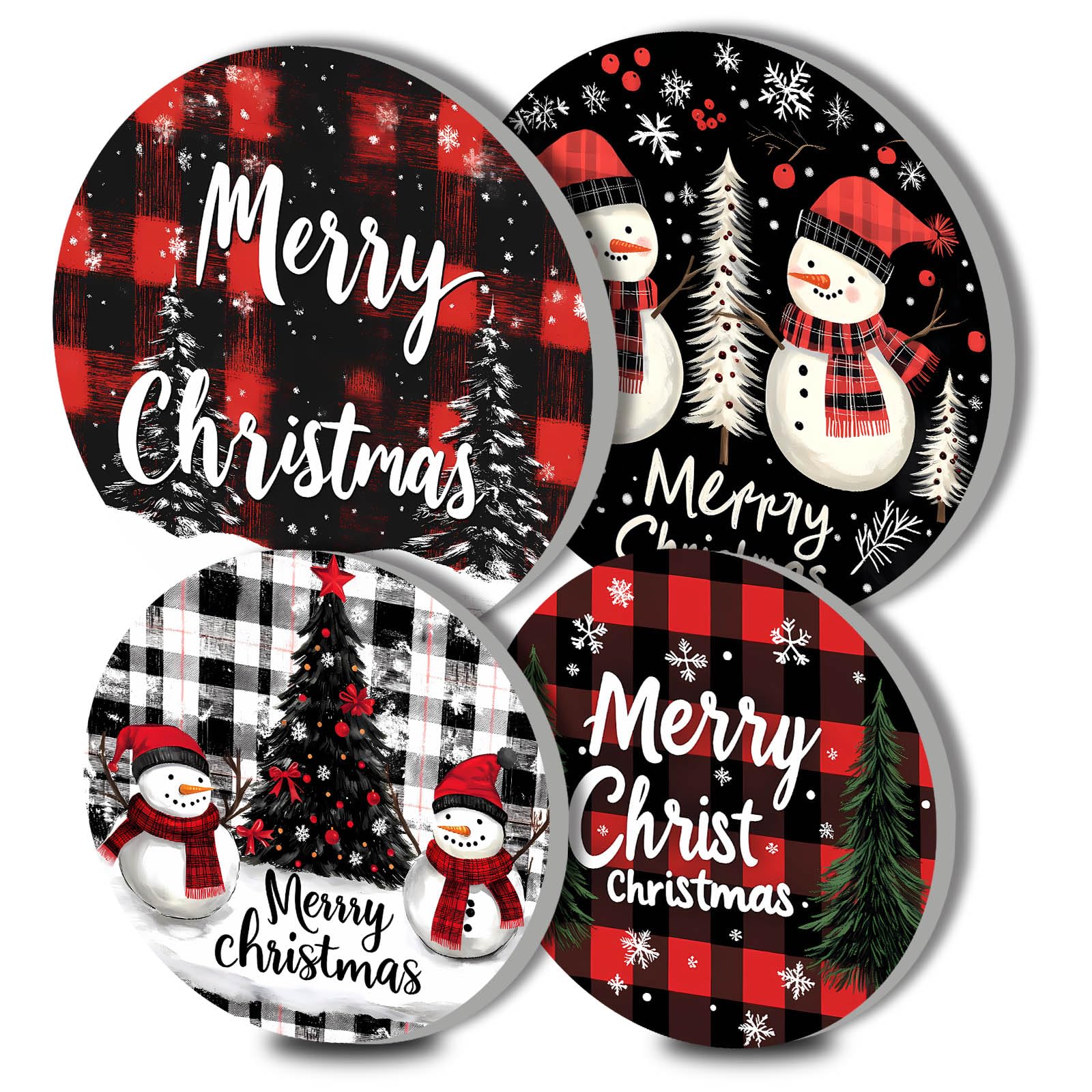 Snowman Electric Stove Burner Covers，4 Pcs Merry Christmas Round Stove Burner Covers Christmas Tree Gas Stove Burner Cover,8 Inch and 10 Inch,Buffalo Plaid Metal Cooktop Home Decorative