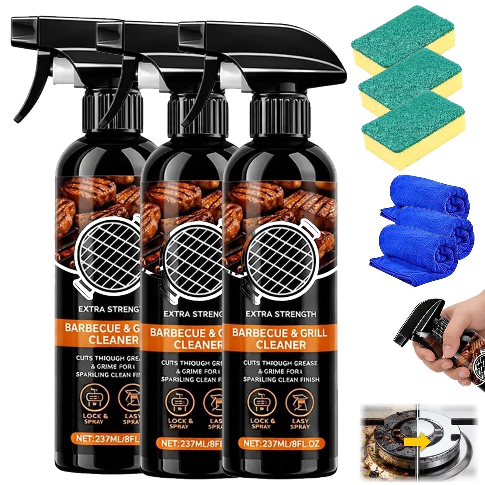Küchenreiniger-Spray gegen hartnäckige Fettflecken, Neu 2026, Allzweckreiniger für die Küche, Entfernt Fettflecken auf Herdplatten, Arbeitsplatten, Grills und Rosten (3pcs)