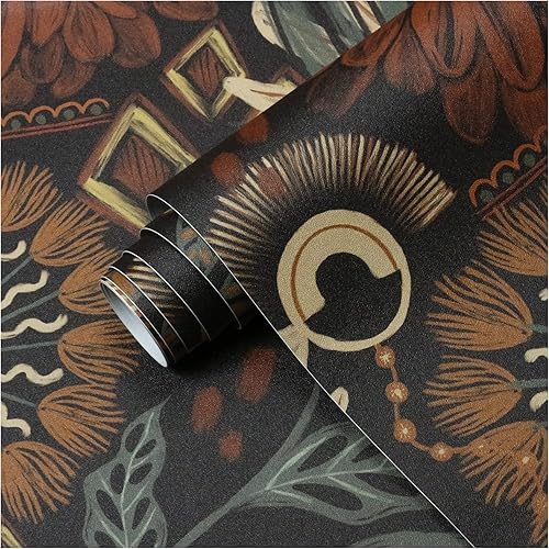 Miniatura 6 de HAOKHOME 93291 - Papel pintado floral bohemio marrónmelocotónverde, decoración de pared retro para baño, mural extraíble de 17.7 x 9.8 pies