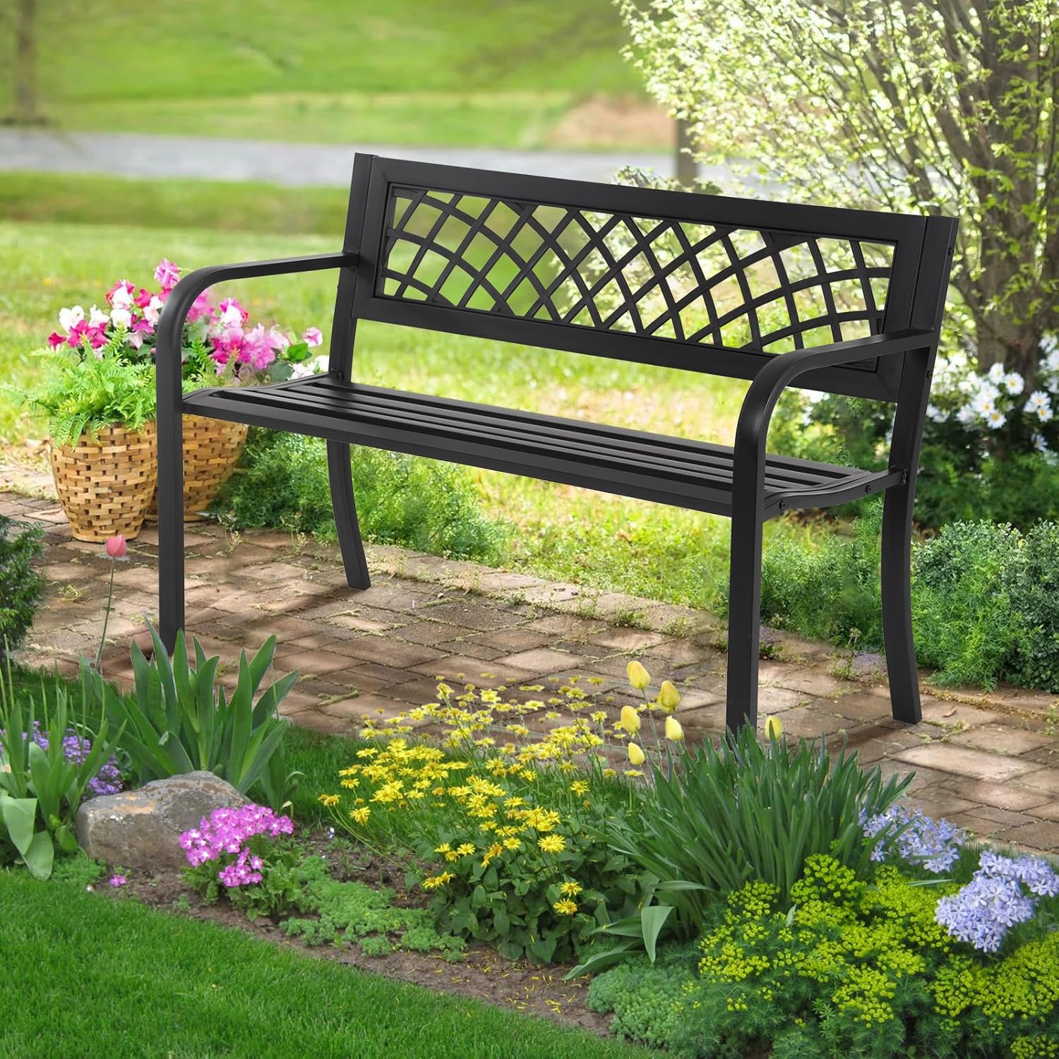 Garden Bench Patio Bench Outdoor Park Bench Metal Outside Porch Chair Seat Cast Iron Steel Frame Sturdy Bench Patio Furniture for Yard Porch Entryway Lawn Decor Deck, Black, 46 in