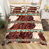 Vista 24 de Erosebridal Funda de edredón de piel de vaca marrón con estampado de vaca de las tierras altas, juego de ropa de cama occidental exótico azteca