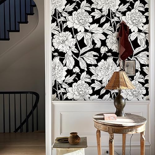 Miniatura 2 de HueBurst Papel tapiz floral para despegar y pegar, papel adhesivo blanco y negro para una fácil aplicación. Papel de pared floral bohemio, 118 x
