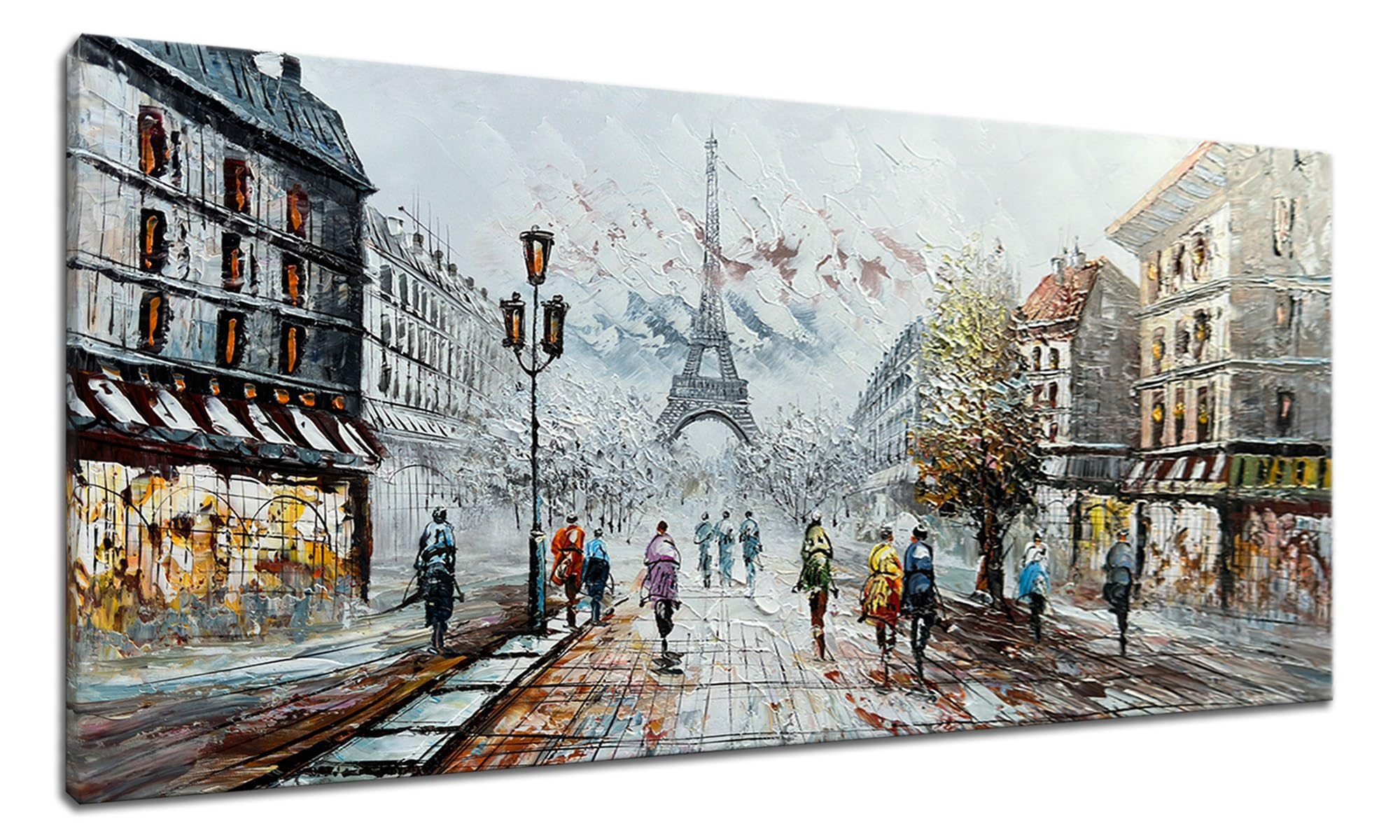 Alenoss Modern Oil Paintings on Canvas Wall Art, Paris Eiffel Tower Landscape Abstract Paintings for Living Room Bedroom Office Wall Decor 48x24 Inches, Ready to Hang