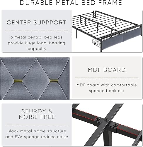 Miniatura 9 de Ailisite Base de cama tamaño Queen con cabecera de almacenamiento y estación de carga tipo C, marco de cama tapizado gris con 2 cajones de