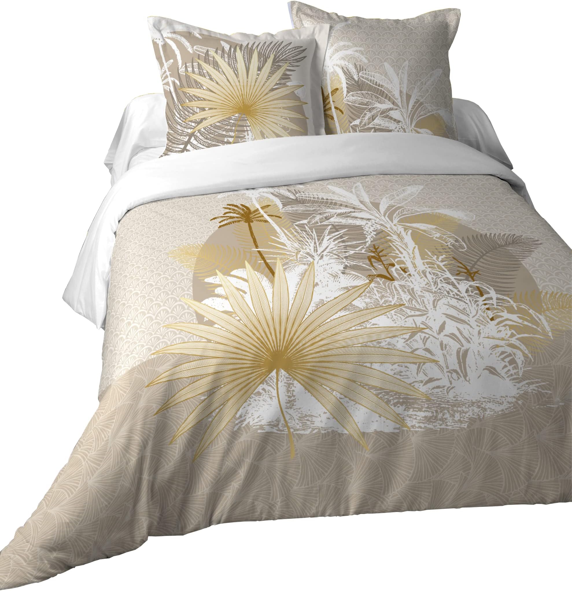Lovely Casa - Maldives duvet cover 260 x 240 cm and 2 pillowcases 63 x 63 cm, 100% cotton 57 threads, Oekotex certified – Natural, Travel, Palm Tree, Yellow, Gold