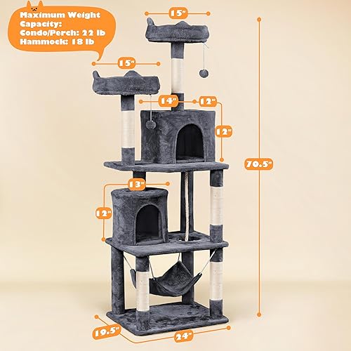 Miniatura 7 de Yaheetech Torre para gatos de 70.5 pulgadas de alto, condominio para gatos de varios niveles con 2 condominios y 2 perchas acolchadas de espuma,