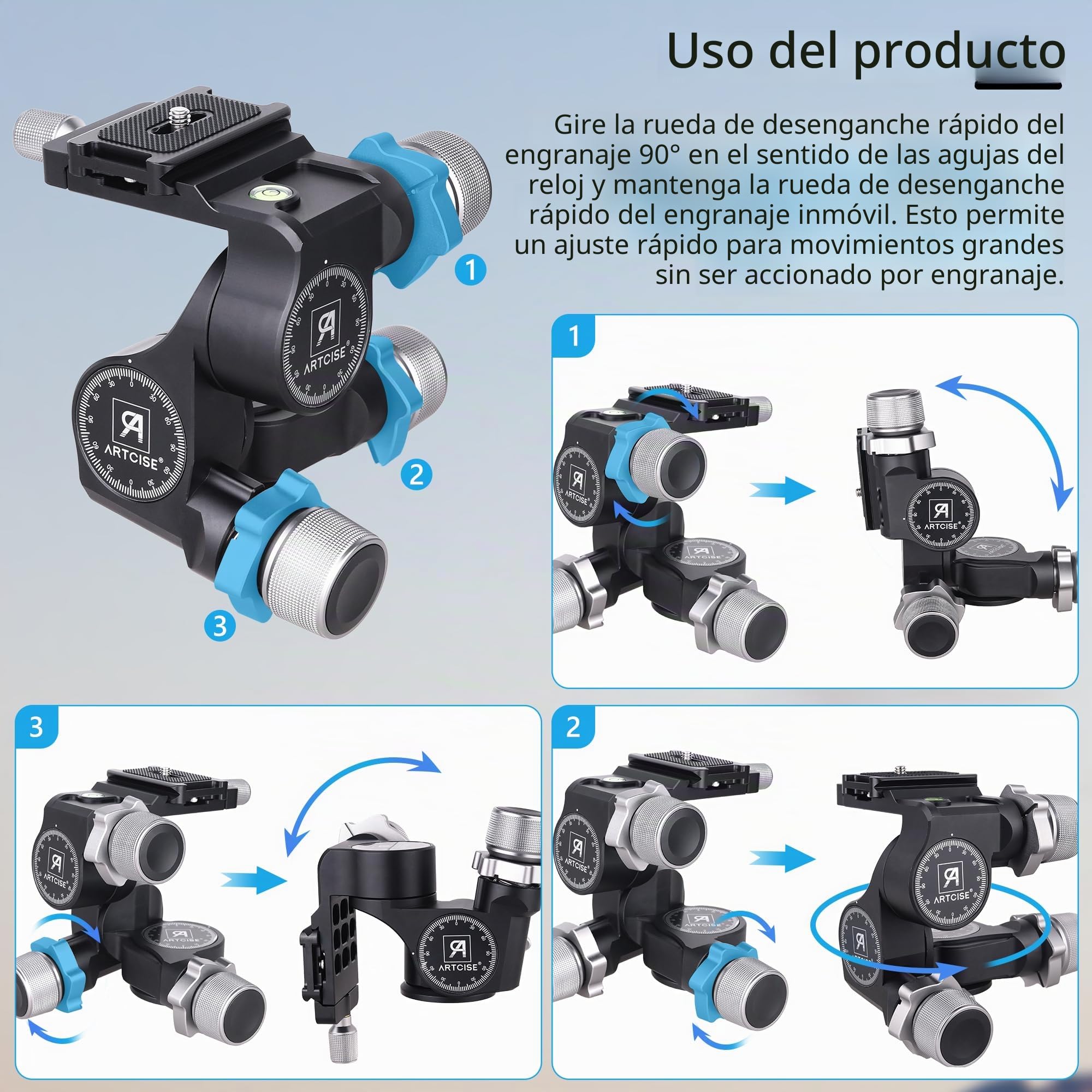 Cabezal de trípode con engranajes de 3 vías, cabezal de trípode con engranajes ARTCISE con placa QR tipo Arca y placa QR panorámica de tipo Arca de 360 °, microajuste milimétrico, carga máxima de 6 kg