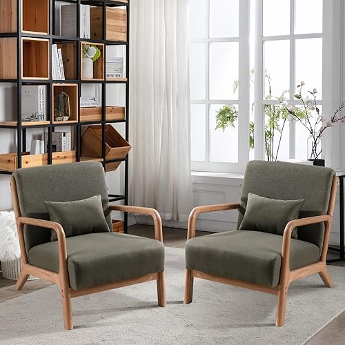 Miniatura 8 de INZOY - Sillón decorativo de mediados de siglo con estructura de madera, tapizados, para sala de estar, con cojín para la cintura, sillón de lectura