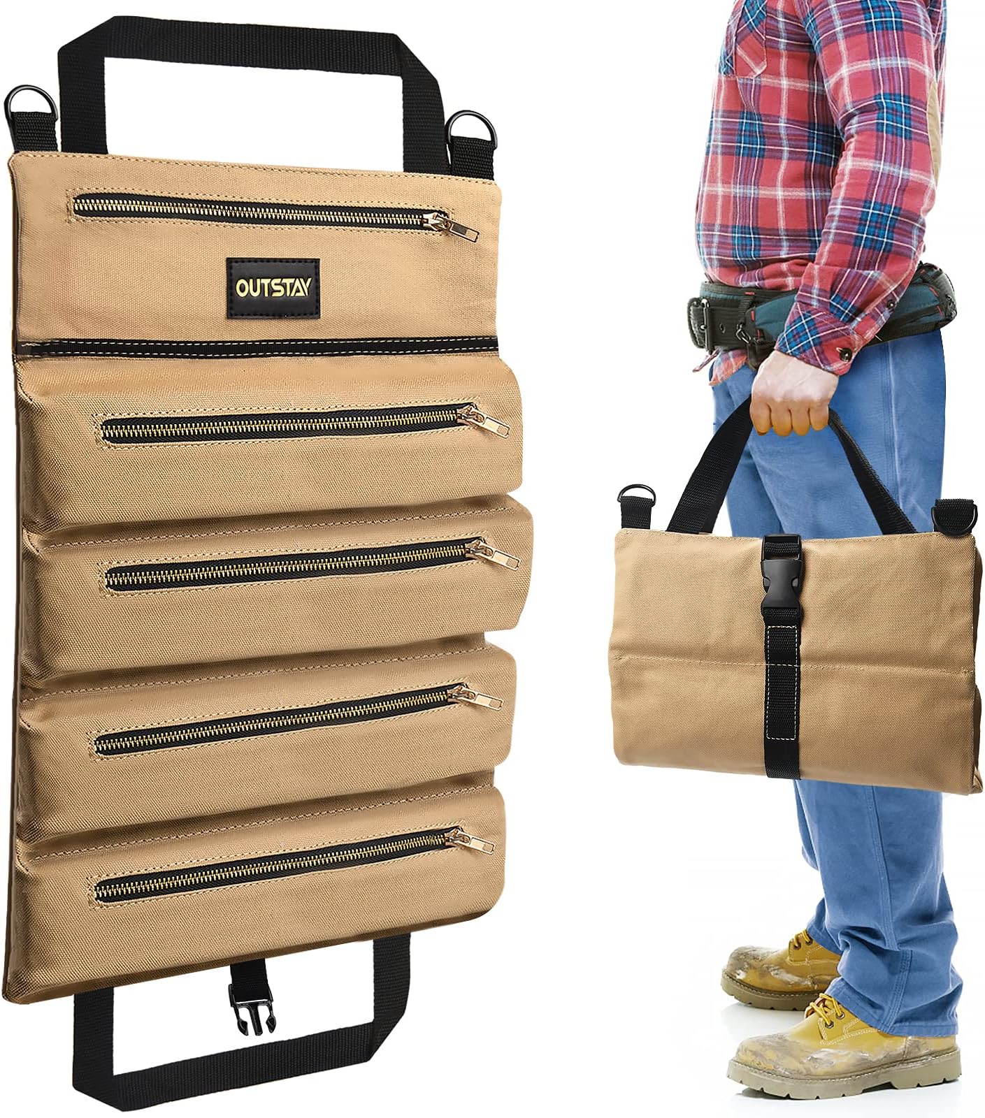 Yuede Super Tool Roll Pouch Bags Organizer with 4 Zippered Pockets,Multi-Purpose Tool Pouch Roll, Waxed Canvas Tool Organizer Bucket (KQ)