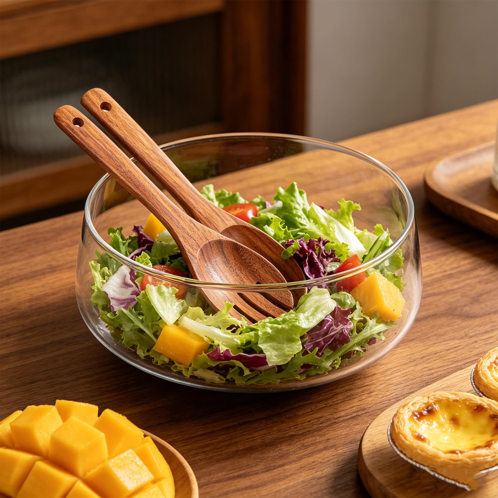 Bol de Ensalada de Vidrio con Base de Madera de Acacia Redondo para Presentación Clara y Protección contra Condensación, Adecuado para Cocinas Compactas y Fiestas
