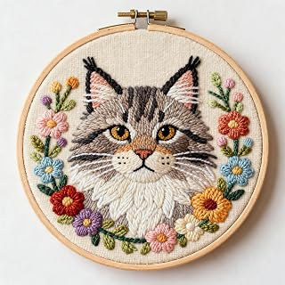 DIY Punch Needle Kits Maine Coon in Flowers Easy for Beginners Embroidery Starter Set with Hoop Needlepoint Craft Hobby and Home Decor 20x20cm