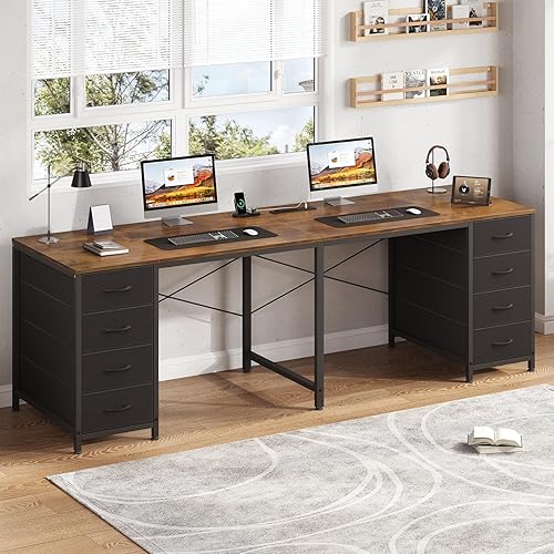 Miniatura 9 de TVU Escritorio para 2 personas con 8 cajones, escritorio grande para computadora de oficina en casa con tomas de corriente, escritorios dobles de 78