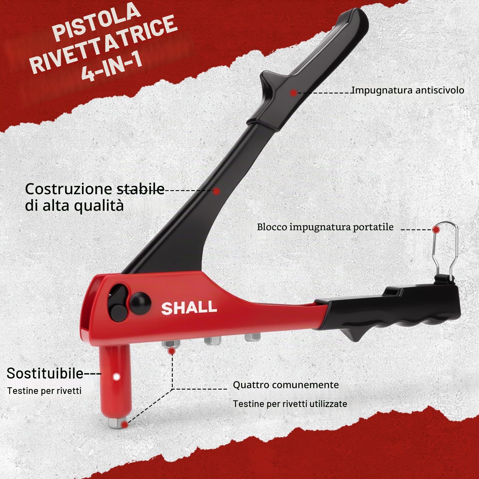 SHALL Set Rivettatrice Manuale 4 in 1 200 Rivetti 4 Misure 2,4-4,8 mm