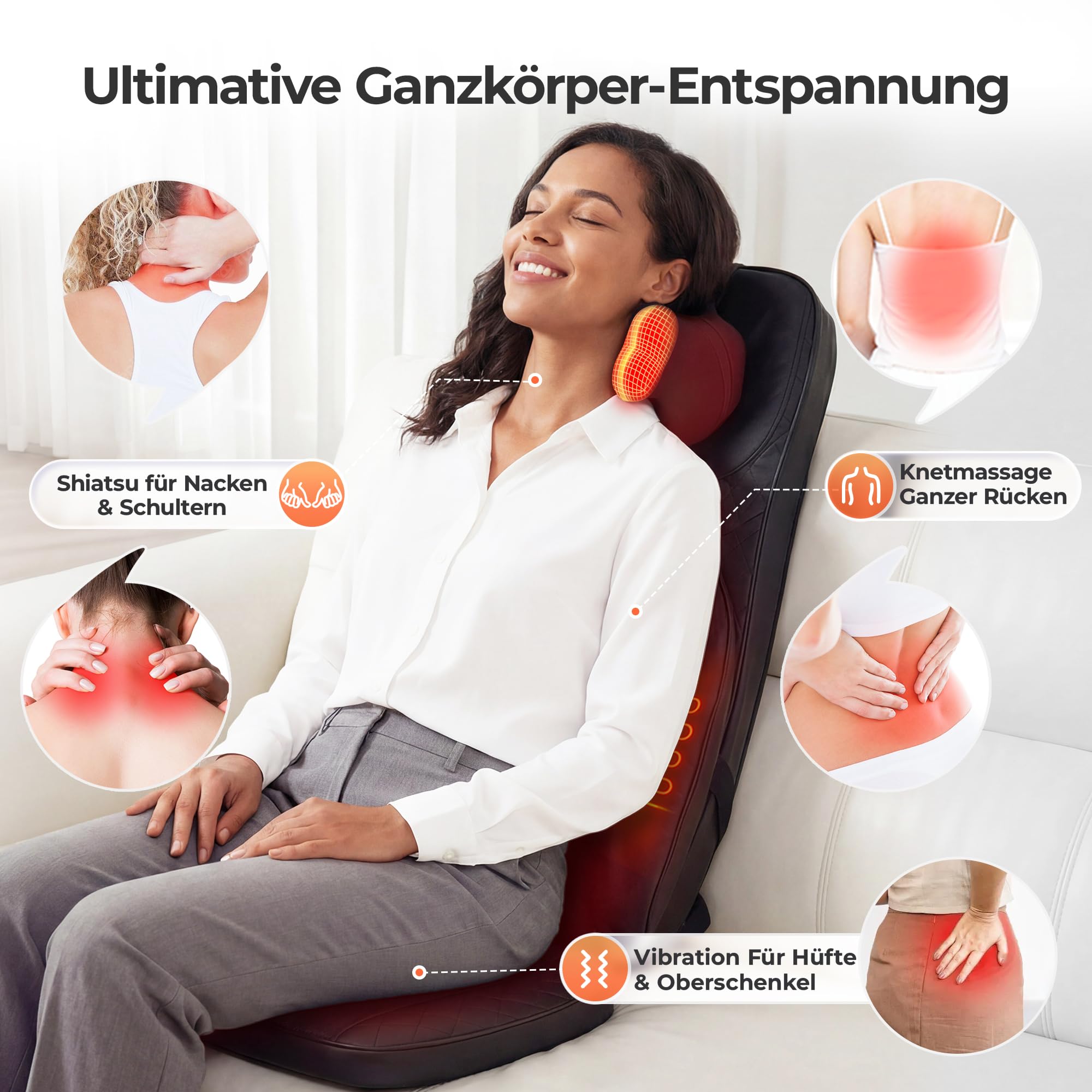 Shiatsu Massagesitzauflage, Massagegerät Rücken mit Knetmassage, Rollmassage & Vibration, Rückenmassagegerät mit Wärme mit 2 Nacken-Wechselköpfen für Nacken Schulter Rücken und Oberschenkel