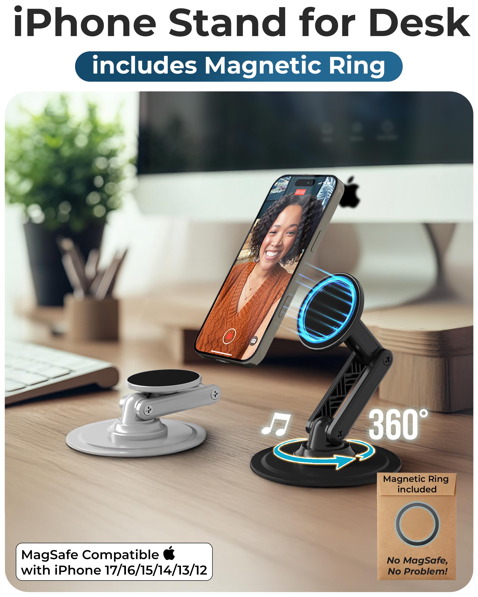 COOPER Mag360 MagSafe stojak na biurko do iPhone'a 17 Pro Max (16/15/14/13/12), magnetyczny uchwyt na telefon na biurko, obracany o 360°, regulacja wysokości, magnetyczny stojak na telefon na biurko